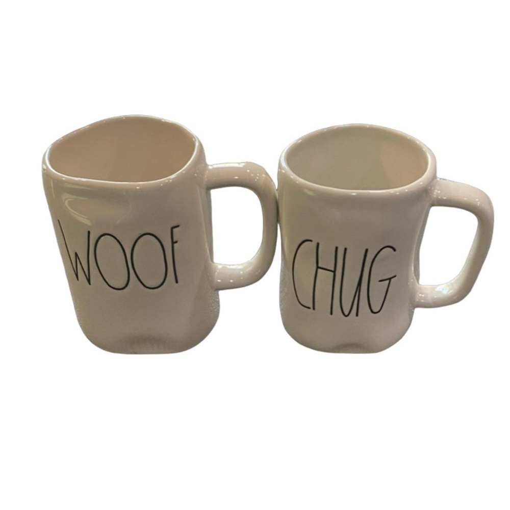 White Ceramic Mug Set with Black Text. WOOF & CHUG